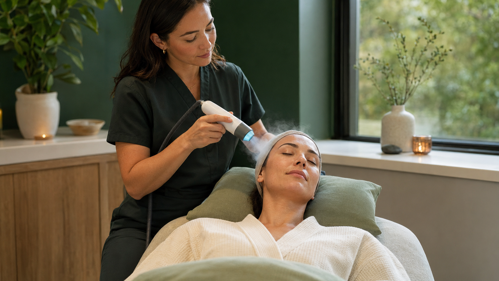 Client receiving a cryotherapy facial at Kume Float in Oakland, California