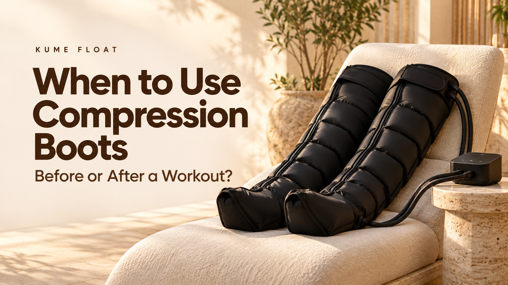 Black compression boots on a cream spa lounger beside the title When to Use Compression Boots