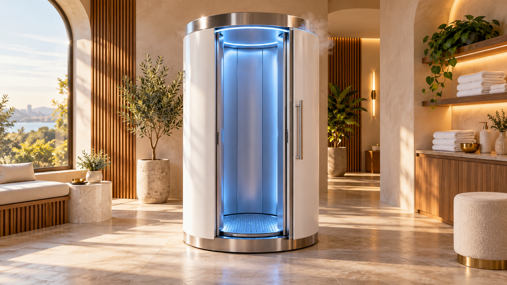 Illustration of a whole-body cryotherapy chamber in a warm, modern spa setting